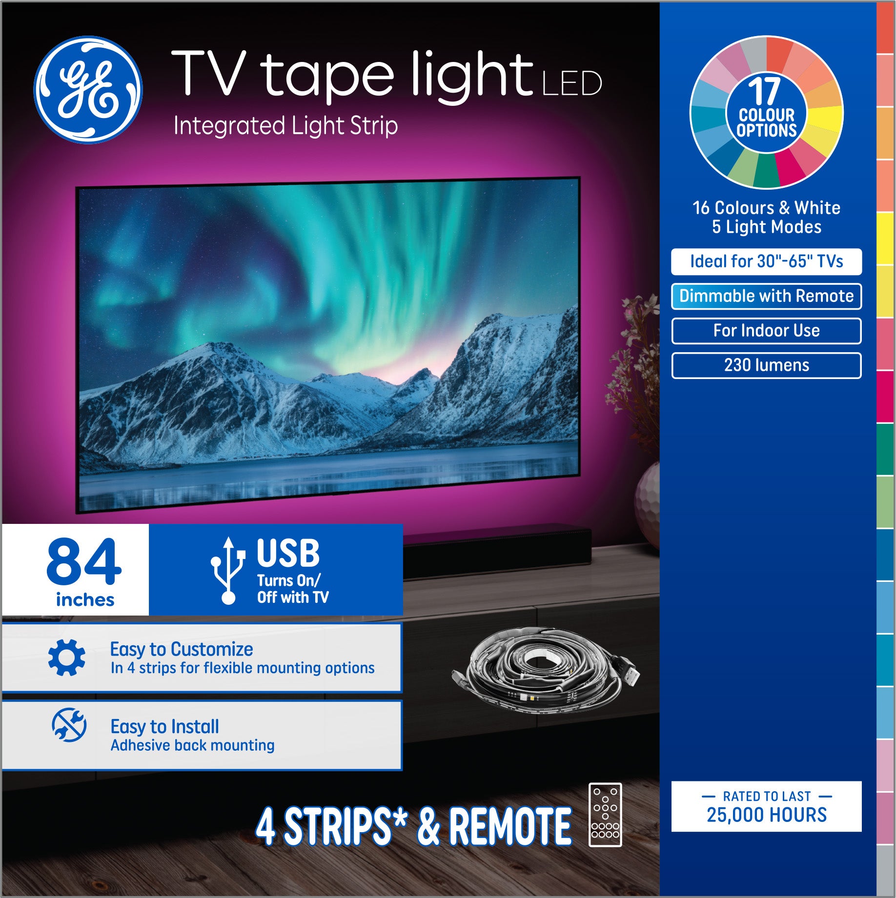 GE Color-Changing RGBW LED Television Tape Light Strip Kit